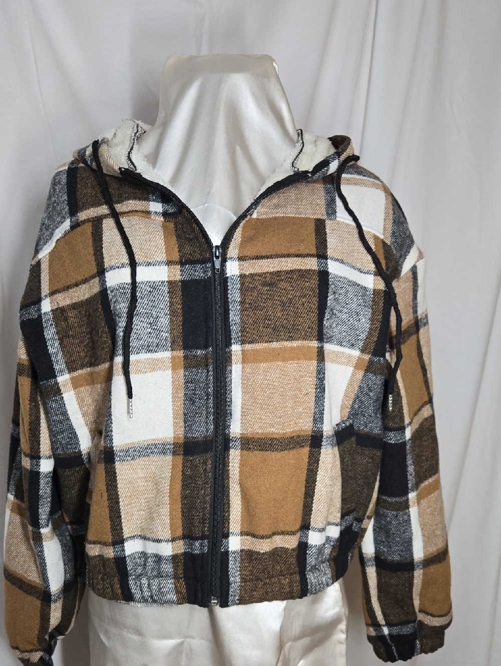 Plaid Zip-Up Hoodie Jacket in Camel, Black & White - Picture 1 of 8